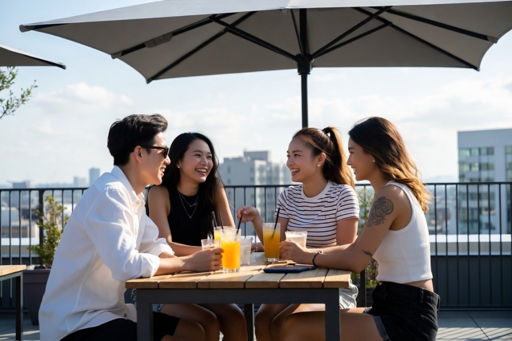 Anthea community members laughing over drinks at a rooftop happy hour